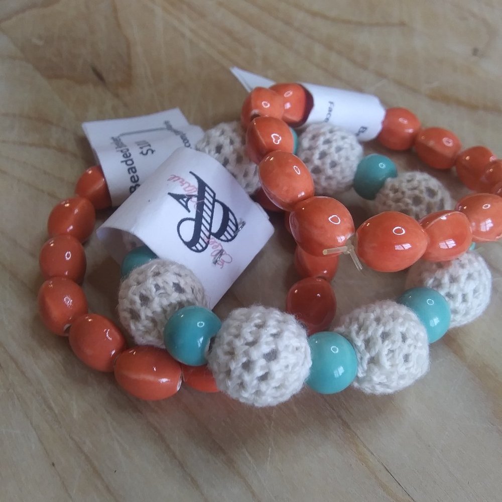 Set Ceramic/Crochet Covered Bead Bracelets Chunky Beads | New Set of 3.